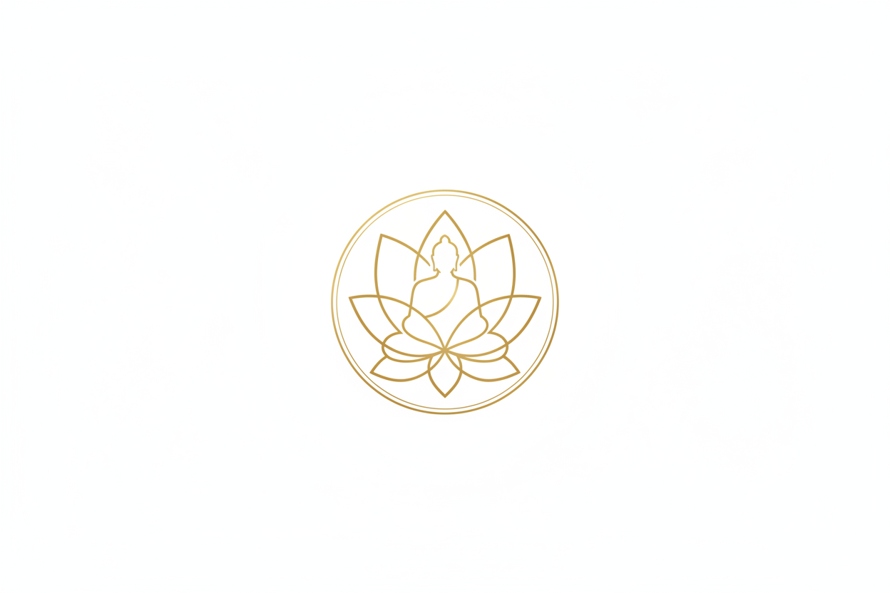 Elegant lotus and Buddha inspired emblem, thin line icon, gold on white background, modern spiritual brand logo, minimalist, vector style, suitable for Shopify store header